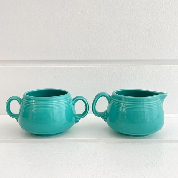 Fiesta Fiestaware Persimmon Figure 8 Tray With Turquoise Cream & Sugar Bowls - Picture 5 of 9